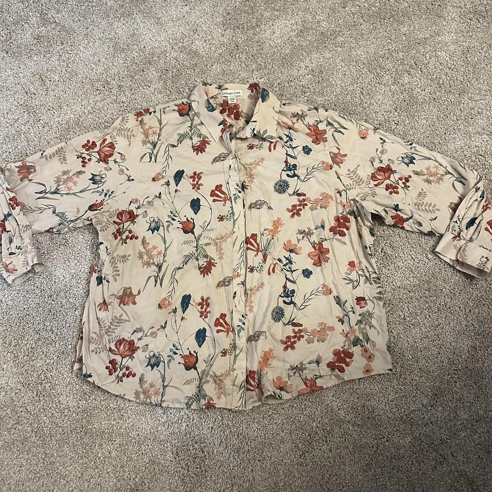 Coldwater Creek Women Floral Cotton Button Down Shirt Beige Multi Plus Size 24W